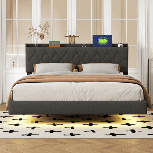 Cama estofada em linho 160x200 cm - com porta de carregamento USB e LED - com estrado - Cinzento