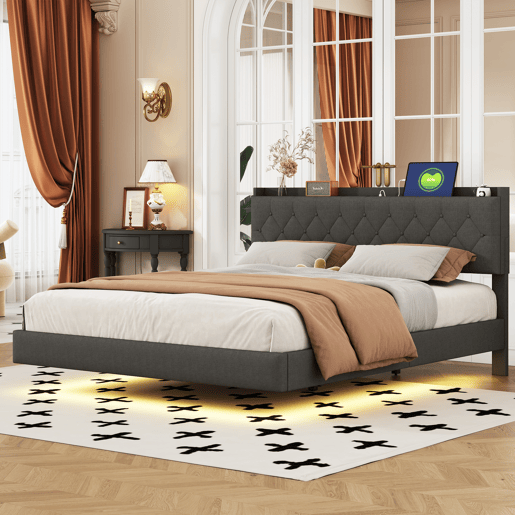 Cama estofada em linho 160x200 cm - com porta de carregamento USB e LED - com estrado - Cinzento