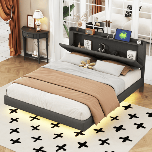 Cama estofada em linho 160x200 cm - com porta de carregamento USB e LED - com estrado - Cinzento