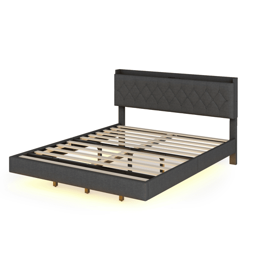 Cama estofada em linho 160x200 cm - com porta de carregamento USB e LED - com estrado - Cinzento