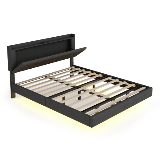 Cama estofada em linho 160x200 cm - com porta de carregamento USB e LED - com estrado - Cinzento