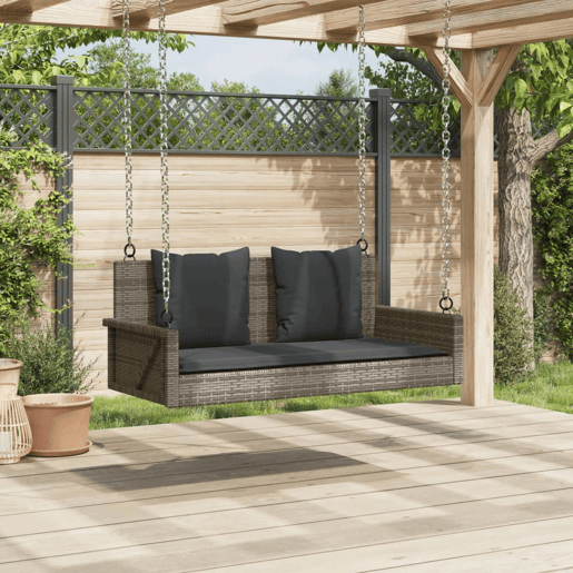 vidaXL Banco baloiço com almofadões 119x56x48 cm vime PE cinzento vidaXL Banco baloiço com almofadões 119x56x48 cm vime PE cinzento
