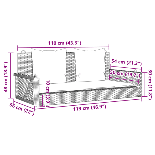 vidaXL Banco baloiço com almofadões 119x56x48 cm vime PE cinzento vidaXL Banco baloiço com almofadões 119x56x48 cm vime PE cinzento