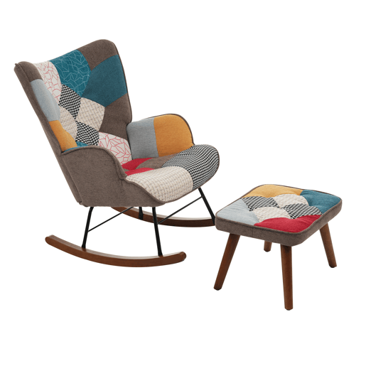 Cadeira de baloiço com apoio para os pés - com padrão patchwork colorido - Multicolor