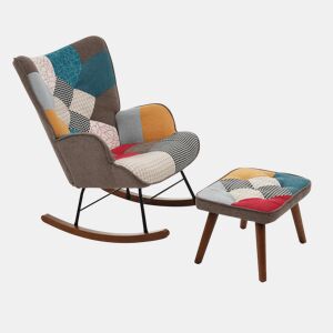 Cadeira de baloiço com apoio para os pés - com padrão patchwork colorido - Multicolor