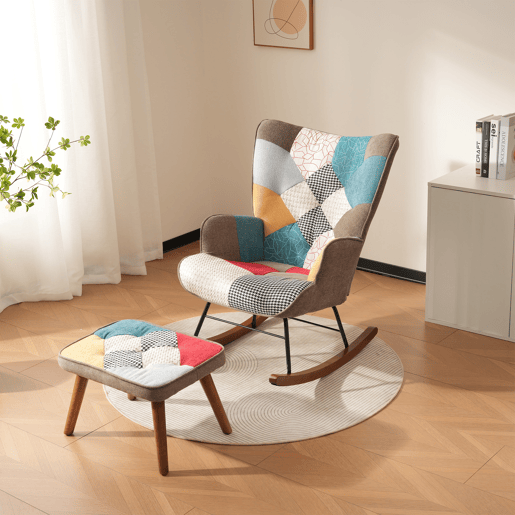 Cadeira de baloiço com apoio para os pés - com padrão patchwork colorido - Multicolor