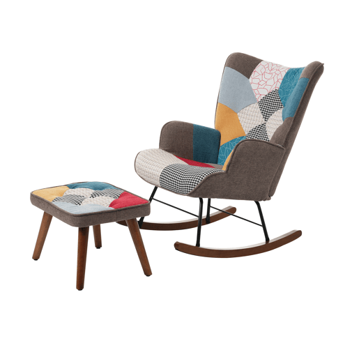 Cadeira de baloiço com apoio para os pés - com padrão patchwork colorido - Multicolor