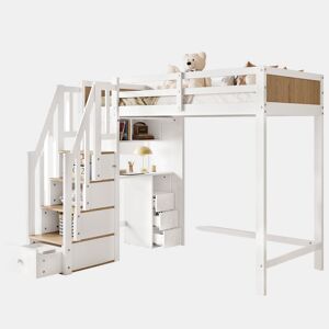Cama alta para crianças,cama de solteiro de madeira de pinho 90x200cm com 3 gavetas,branco+natural