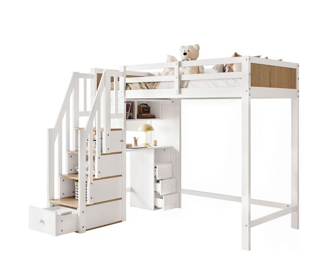 Cama alta infantil,cama individual de madera de pino 90x200cm con 3 cajones,mesa,estante,escalera con almacenaje y protección contra caídas,blanco+natural