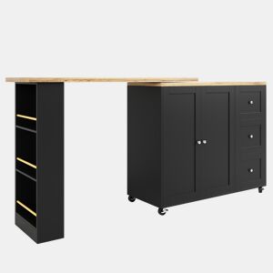 Aparador, armário de bar giratório - MDF - 3 gavetas e 2 portas - Preto
