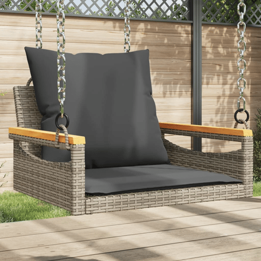 vidaXL Banco baloiço com almofadões 63x62x40 cm vime PE cinzento vidaXL Banco baloiço com almofadões 63x62x40 cm vime PE cinzento