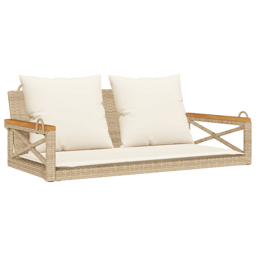 vidaXL Banco baloiço com almofadões 109x62x40 cm vime PE bege vidaXL Banco baloiço com almofadões 109x62x40 cm vime PE bege