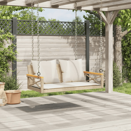 vidaXL Banco baloiço com almofadões 109x62x40 cm vime PE bege vidaXL Banco baloiço com almofadões 109x62x40 cm vime PE bege
