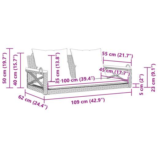 vidaXL Banco baloiço com almofadões 109x62x40 cm vime PE bege vidaXL Banco baloiço com almofadões 109x62x40 cm vime PE bege