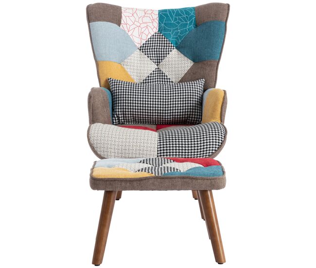Sillón con reposapiés - con estampado de patchwork de colores - multicolor
