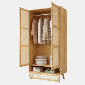 Roupeiro de painel de partículas e rattan PE com varão para cabides e 3 portas (2 portas articuladas+1 porta basculante),natural