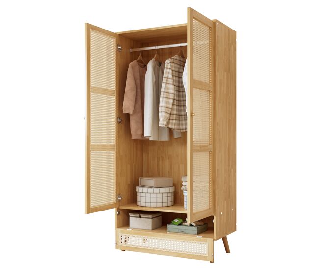 Armario ropero de panel de partículas y ratán PE con barra de colgar y 3 puertas(2 puertas batientes+1 puerta abatible),natural