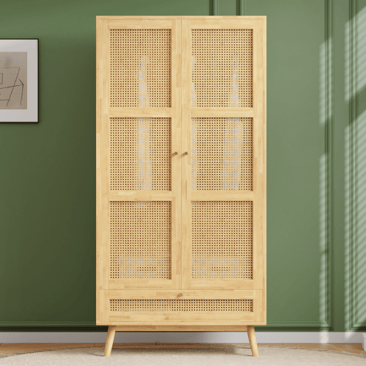 Roupeiro de painel de partículas e rattan PE com varão para cabides e 3 portas (2 portas articuladas+1 porta basculante),natural