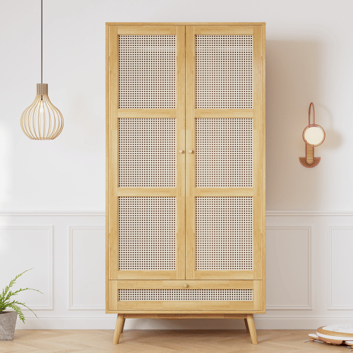 Roupeiro de painel de partículas e rattan PE com varão para cabides e 3 portas (2 portas articuladas+1 porta basculante),natural
