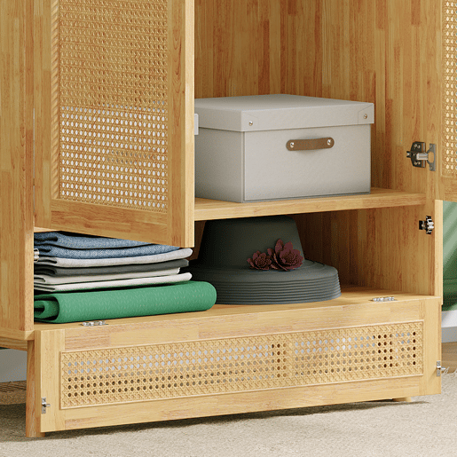 Roupeiro de painel de partículas e rattan PE com varão para cabides e 3 portas (2 portas articuladas+1 porta basculante),natural