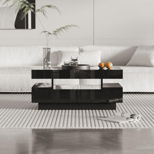 Mesa de centro com LED - acabamento brilhante - 4 gavetas à frente e atrás - Preto