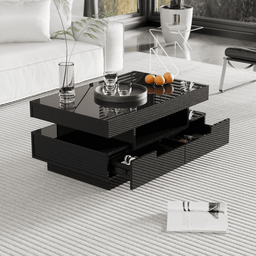 Mesa de centro com LED - acabamento brilhante - 4 gavetas à frente e atrás - Preto