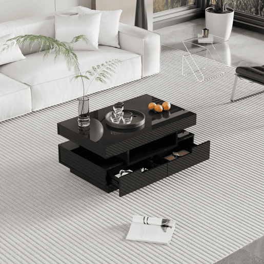 Mesa de centro com LED - acabamento brilhante - 4 gavetas à frente e atrás - Preto