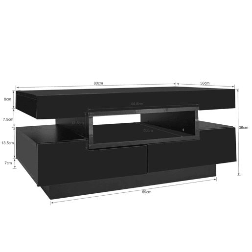 Mesa de centro com LED - acabamento brilhante - 4 gavetas à frente e atrás - Preto