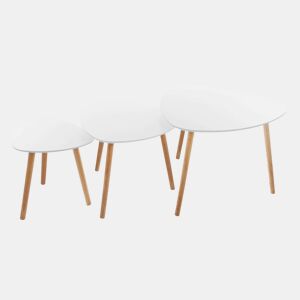 Conjunto de 3 mesas de centro encaixáveis Miléo estilo nórdico para sala de estar e sala de jantar em branco e carvalho