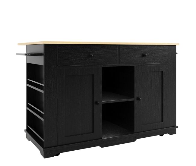 Aparador, mueble bar, carro con ruedas y enchufes - con tapa retráctil - 2 puertas, 2 cajones y 2 compartimentos - negro