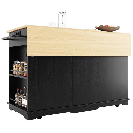 Aparador, armário de bar, carrinho com rodízios e tomadas - com tampa retrátil - 2 portas, 2 gavetas e 2 compartimentos - Preto