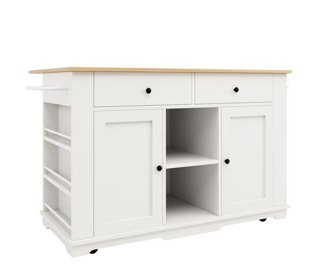 Aparador, mueble bar, carrito con ruedas y enchufes - con tapa retráctil - 2 puertas, 2 cajones y 2 compartimentos - blanco
