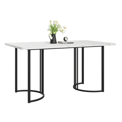 Mesa de jantar 140x80 cm com pés reguláveis - estrutura metálica - folheado de mármore - Preto e branco