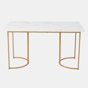 Mesa de jantar 140x80 cm com pés reguláveis - estrutura metálica - folheado de mármore - Branco e dourado