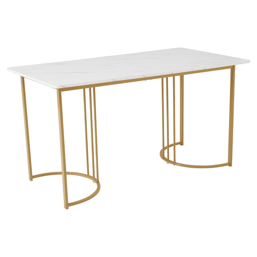 Mesa de jantar 140x80 cm com pés reguláveis - estrutura metálica - folheado de mármore - Branco e dourado