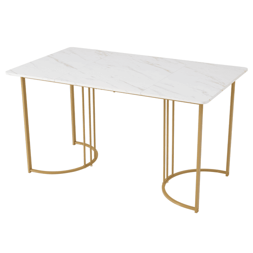Mesa de jantar 140x80 cm com pés reguláveis - estrutura metálica - folheado de mármore - Branco e dourado