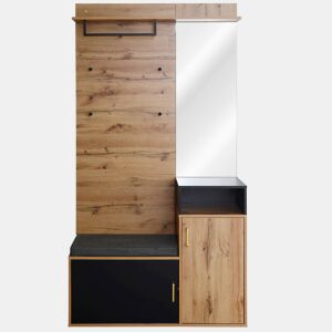 Roupeiro para hall de entrada com espelho e sapateira - Altura 190 cm - natural e preto
