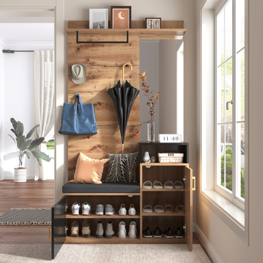 Roupeiro para hall de entrada com espelho e sapateira - Altura 190 cm - natural e preto