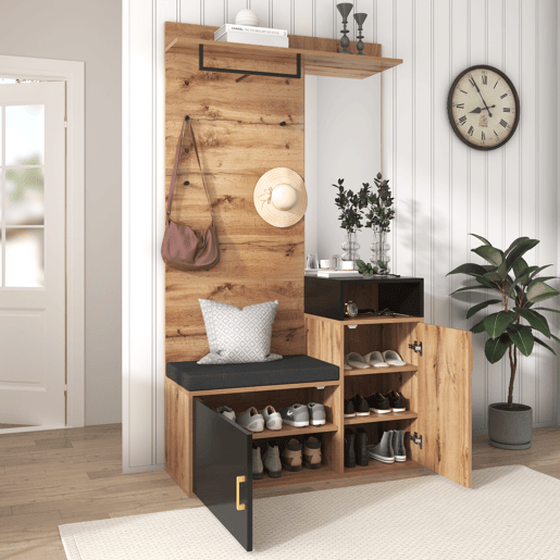Roupeiro para hall de entrada com espelho e sapateira - Altura 190 cm - natural e preto