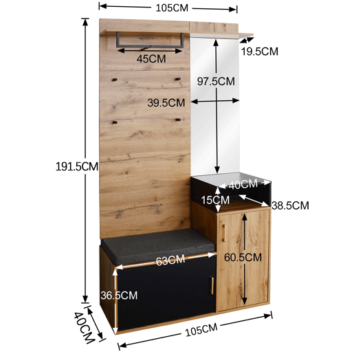 Roupeiro para hall de entrada com espelho e sapateira - Altura 190 cm - natural e preto