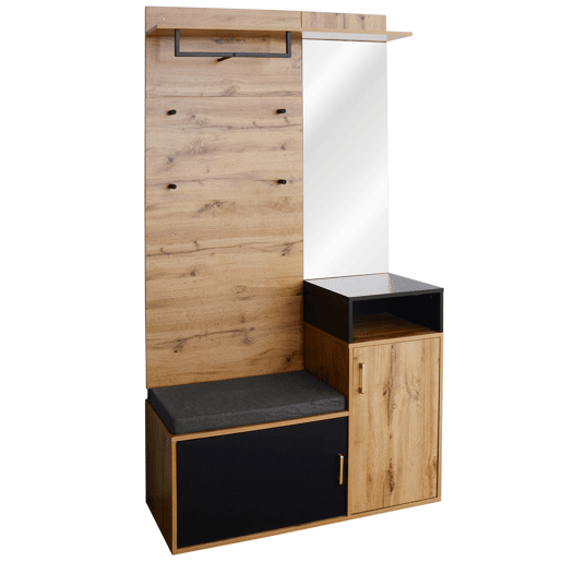 Roupeiro para hall de entrada com espelho e sapateira - Altura 190 cm - natural e preto
