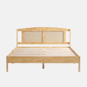 Cama de casal para adultos 160X200 cm - cabeceira em madeira de pinho e rotim - Natural