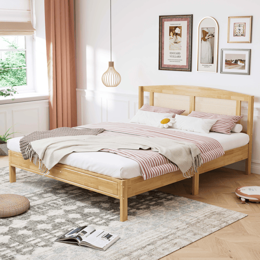 Cama de casal para adultos 160X200 cm - cabeceira em madeira de pinho e rotim - Natural Cama de casal para adultos 160X200 cm - cabeceira em madeira de pinho e rotim - Natural