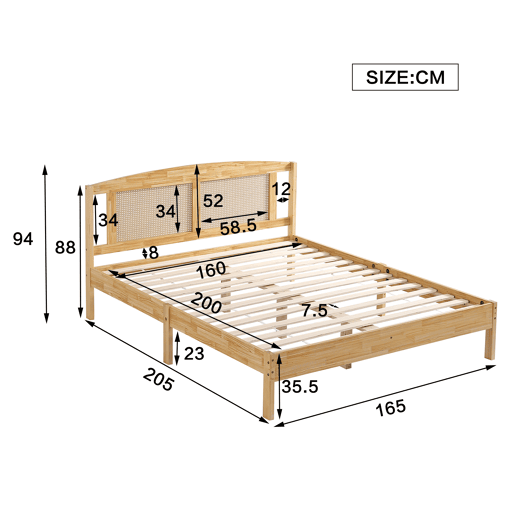 Cama de casal para adultos 160X200 cm - cabeceira em madeira de pinho e rotim - Natural Cama de casal para adultos 160X200 cm - cabeceira em madeira de pinho e rotim - Natural