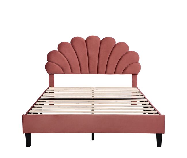 Cama doble tapizada en terciopelo - 140x200cm - cabecero en forma de flor - con somier de láminas - rojo