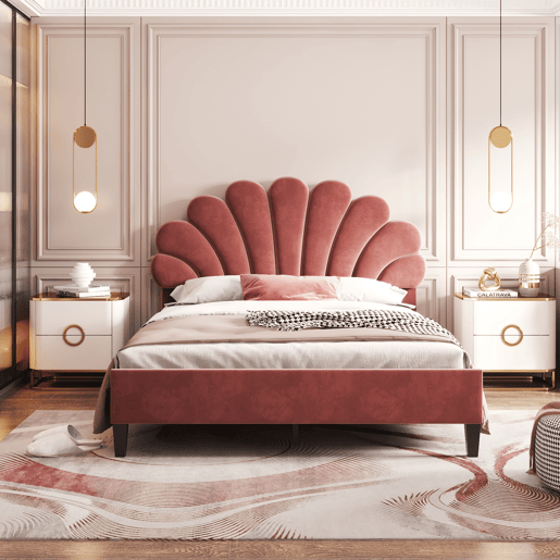 Cama de casal estofada em veludo - 140x200cm - cabeceira em forma de flor - com estrado de ripas - Vermelho