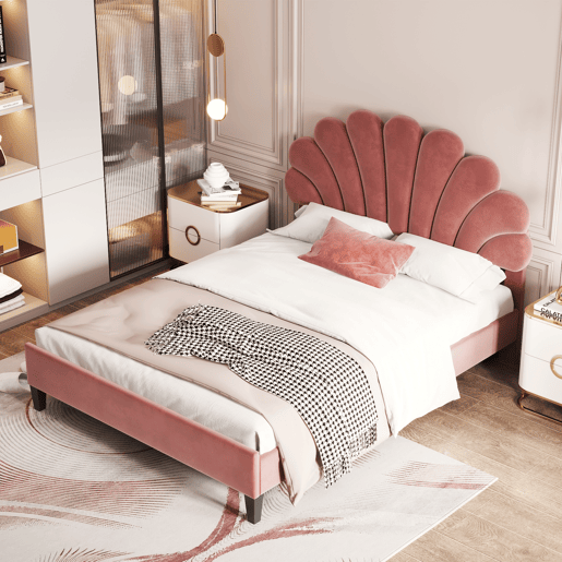 Cama de casal estofada em veludo - 140x200cm - cabeceira em forma de flor - com estrado de ripas - Vermelho