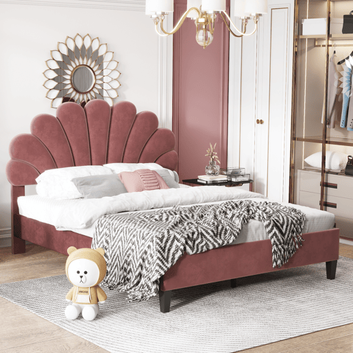 Cama de casal estofada em veludo - 140x200cm - cabeceira em forma de flor - com estrado de ripas - Vermelho