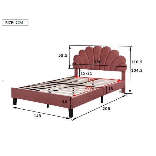 Cama de casal estofada em veludo - 140x200cm - cabeceira em forma de flor - com estrado de ripas - Vermelho