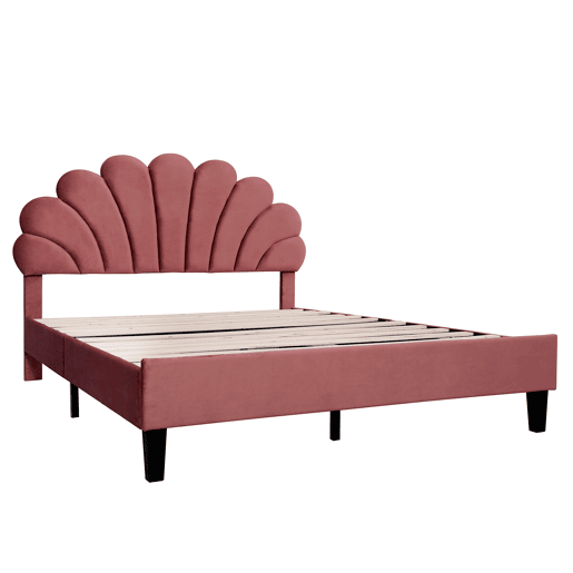 Cama de casal estofada em veludo - 140x200cm - cabeceira em forma de flor - com estrado de ripas - Vermelho